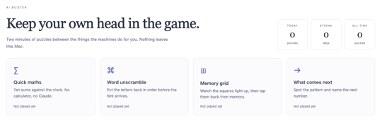 The AI Buster page with four puzzles: quick maths, word unscramble, memory grid and what comes next