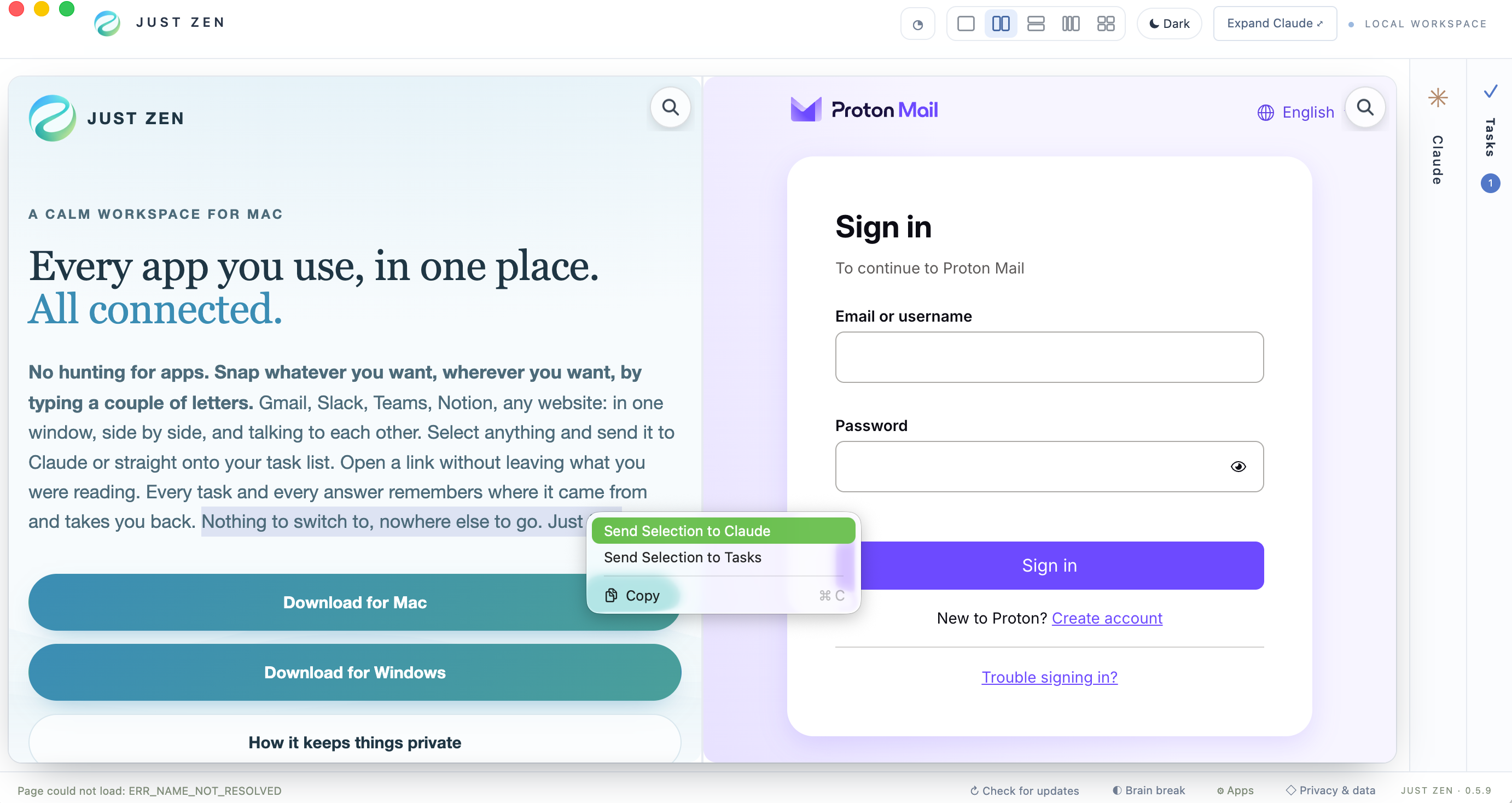 Just Zen: two panes side by side, the justzen.co page on the left with text selected and a right-click menu offering Send Selection to Claude and Send Selection to Tasks, Proton Mail sign-in on the right, a search button in the corner of each pane, and the Claude and Tasks rails on the right