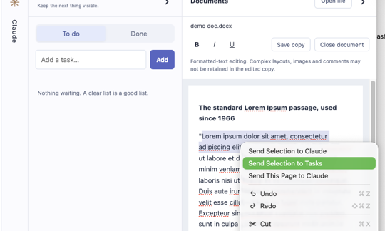 A document with a paragraph selected and a right-click menu offering Send Selection to Tasks, beside the task list